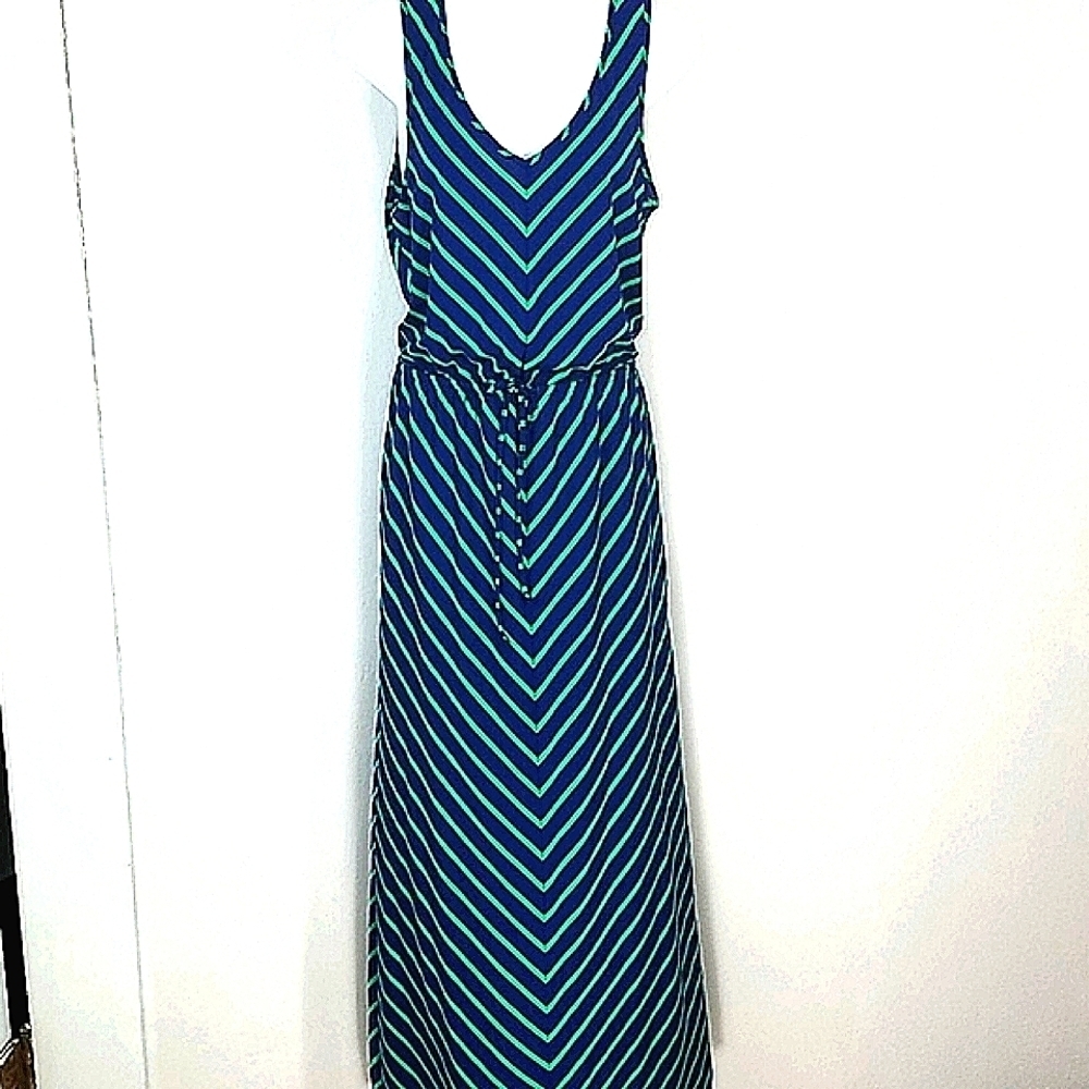 Sundress blue green striped Maxi stretch tie Tshirt Style Comfortable